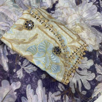 2023 High Quality Purple Floral Print Golden String Hem Embroidery Shirt Mini Skirt Set photo review